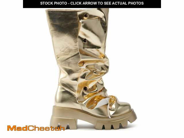 Lot 74-14207880 - DETOGNI Womens Metallic Mid Calf Pull-On Fit Flat Boots Scrunched Detachable Overlay Snap Buttons Ch...