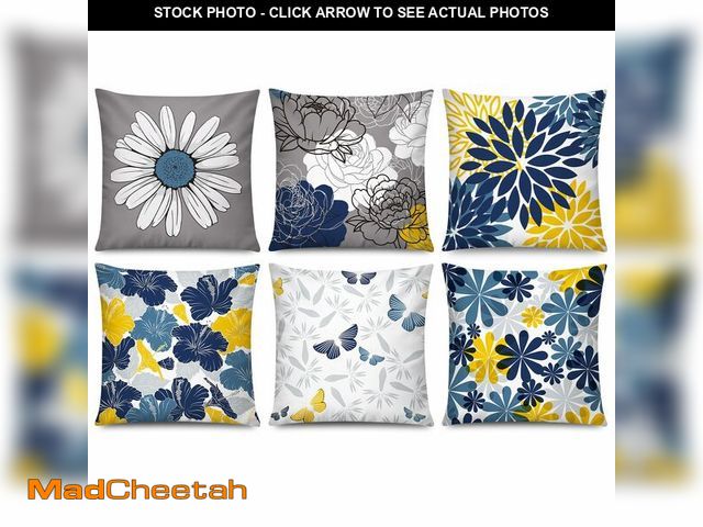 Lot 74-14046418 - COMMINY Navy Blue Yellow Pillow Cover 20x20 Set of 6, Dasiy Dahlia Throw Pillow Covers, Blue Grey Pi...