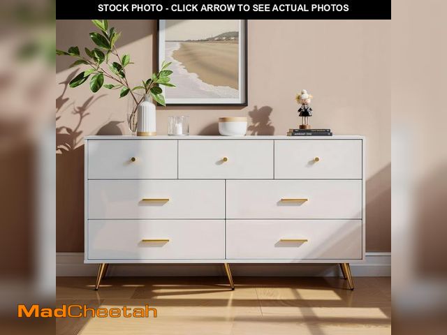 Lot 74-12392402 - Feetice 7 Drawer Dresser for Bedroom, High Gloss Dresser with Golden Metal Handles &amp; Adjustable ...