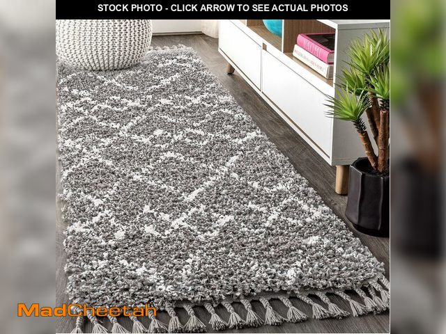 Lot 74-14304987 - JONATHAN Y Mercer Shag Plush Tassel Gray/Ivory Runner Rug, 2x8, Moroccan Geometric Trellis, Contempo...