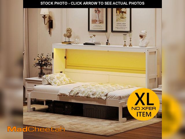 Lot 74-14344287 - Nestfair White Wood Frame Twin Size Murphy Bed with LED Light, Hidden Wall Bed Cabinet - UNUSED