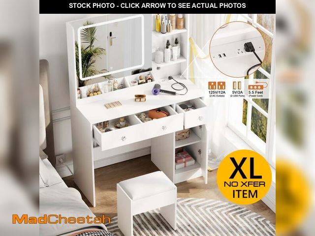 Lot 74-12891223 - Satifur White Vanity Desk Set with Mirror and Lights, Makeup Table with Charging Station, Comfortabl...