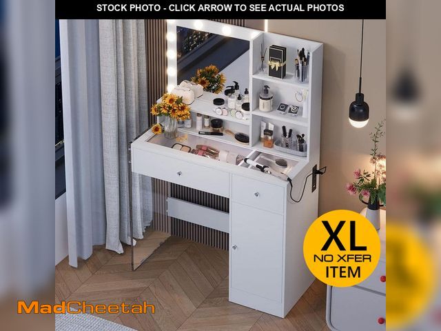 Lot 74-12746587 - Harper &amp; Bright Designs White Makeup Vanity Set with 3 Lighting Modes LED Mirror, Glass Top Draw...