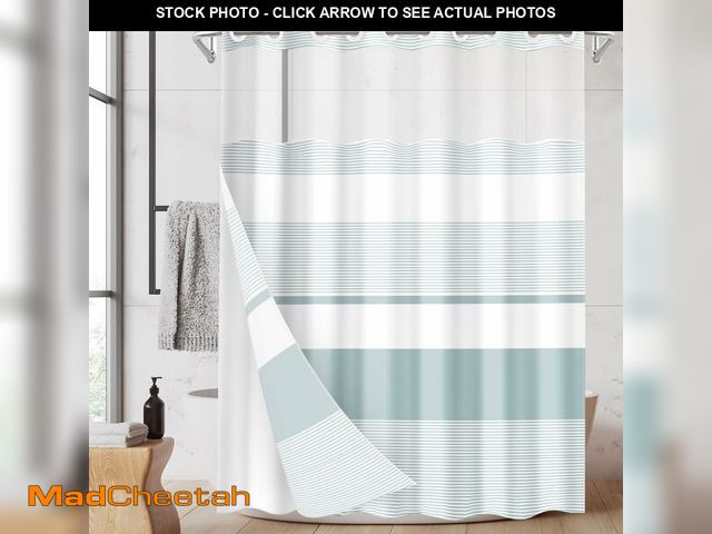 Lot 74-14211771 - Nesphy No Hook Boho Teal Shower Curtain with Snap in Fabric Liner Set, Striped Modern Double Layers ...