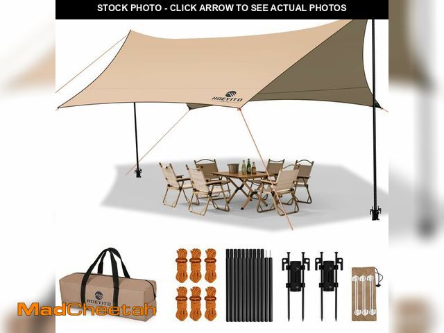 Lot 74-14265527 - Camping Tarp with Poles &amp; Retainer, 15x12.5FT Large Waterproof 210D Oxford Cloth Camping Canopy,...