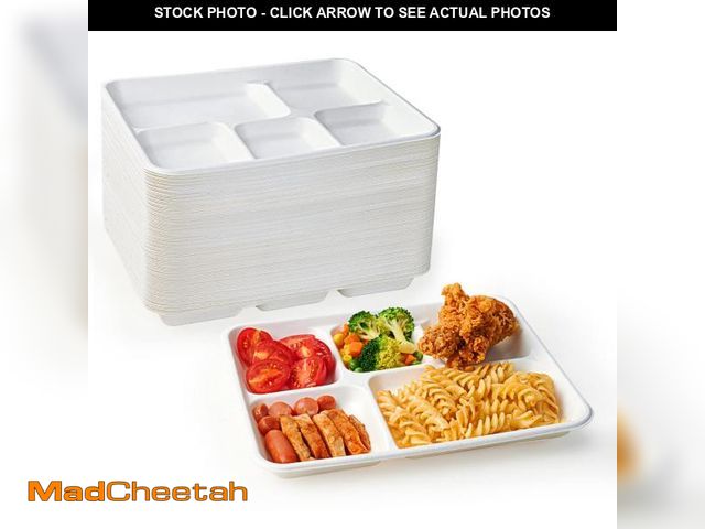 Lot 74-12435479 - ECOLipak 100% Compostable 5 Compartment Plates, 125 Pack Disposable Paper Plates, Heavy-Duty Biodegr...