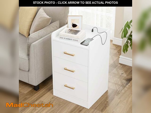 Lot 74-12782172 - Homfa White Nightstand with Charging Station, 3 Drawers Nightstand for Bedroom, Modern Storage Cabin...
