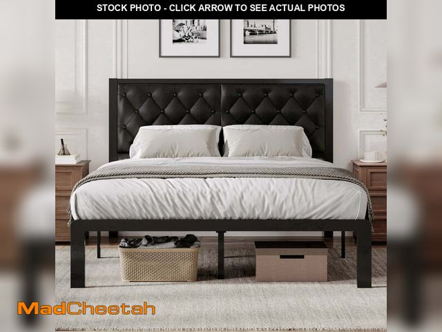 Lot 74-13775684 - Lifezone Bed Frame with Upholstered Headboard, Queen, Metal Support, No Box Spring Needed, Modern Bl...