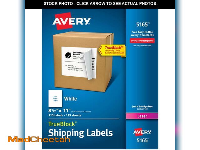 Lot 74-12860504 - Avery Shipping Labels, 8-1/2" x 11", Paper, White, TrueBlock, Laser, 100 Labels (5165) - UNUSED
