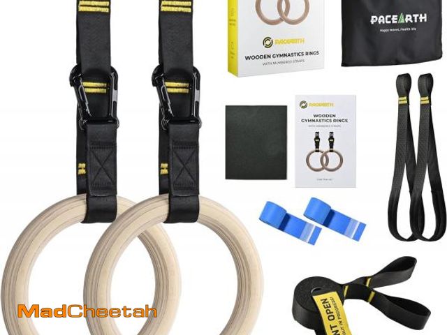 Lot 74-12330291 - PACEARTH Gymnastics Rings 32mm Wooden Olympic Rings Support 1500lbs Locked Carabiners 9ft Double-Lay...