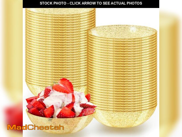 Lot 74-14334418 - Gerrii 100 Pack Gold Glitter Plastic Bowls 14oz Disposable Salad Serving Bowls Heavy Duty Clear Dess...