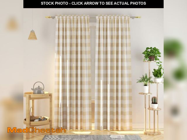 Lot 74-13566807 - Beige and White Buffalo Gingham Check Curtain 95 inches Long Living Room Drapes Plaid Checker Kitche...