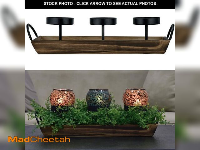 Lot 74-12450193 - Aglary 3-Pillar Metal Votive Candle Holders Tray with Rectangular Solid Wood Tray and Metal Handle, ...