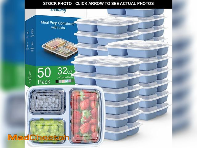 Lot 74-12697605 - 50 Pack (100-Piece) 32 oz Meal Prep Containers Reusable with Lids 3-Compartment, To Go Take Out Plas...