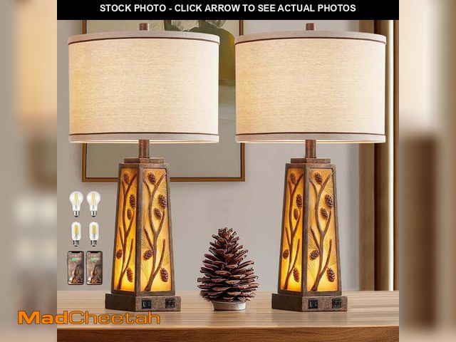 Lot 74-12669721 - RORIA Rustic Farmhouse Modern Living Room Table Lamp 25" 2-Piece Set Dual USB Charging Ports with Ni...
