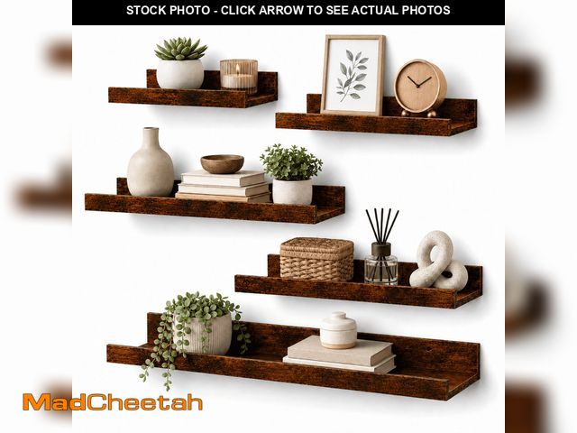 Lot 74-14436362 - KAIWIN Brown Wood Floating Shelves Set of 5 (24/16/14/10In) - Wall Mounted Storage &amp; Decor for H...