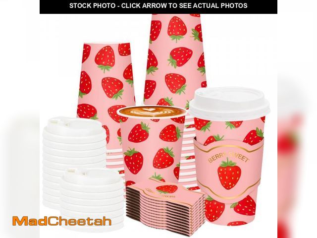 Lot 74-12151422 - FYSUIMU 50 Set Strawberry Disposable Coffee Cups with Lids and Sleeves Gold Foil Strawberry Paper Dr...