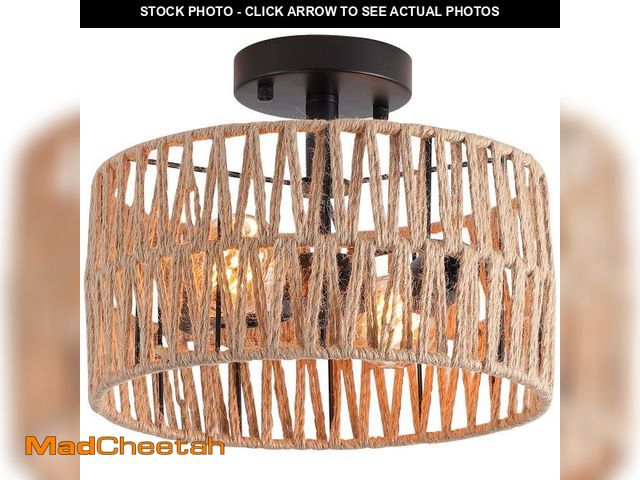 Lot 74-12307606 - Hchunqjor 2-Light Coastal Woven Flush Mount Light Fixture Rustic Industrial Hemp Rope Semi Flush Mou...