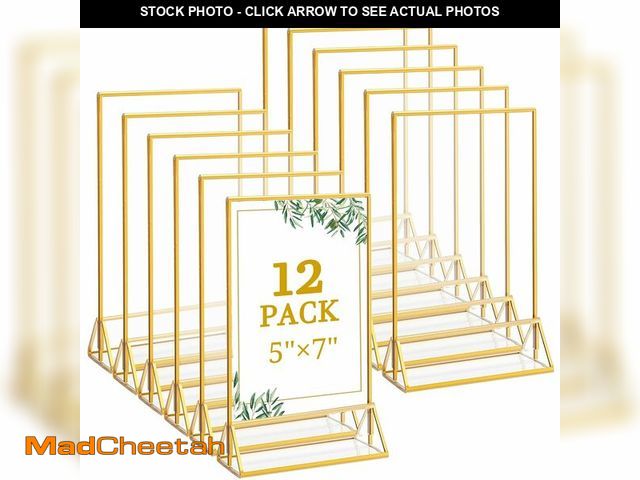 Lot 74-14147368 - Floroom 12 Pack 5x7 Inch Clear Acrylic Sign Holders, Double-Sided Gold Display Stand Picture Frames ...