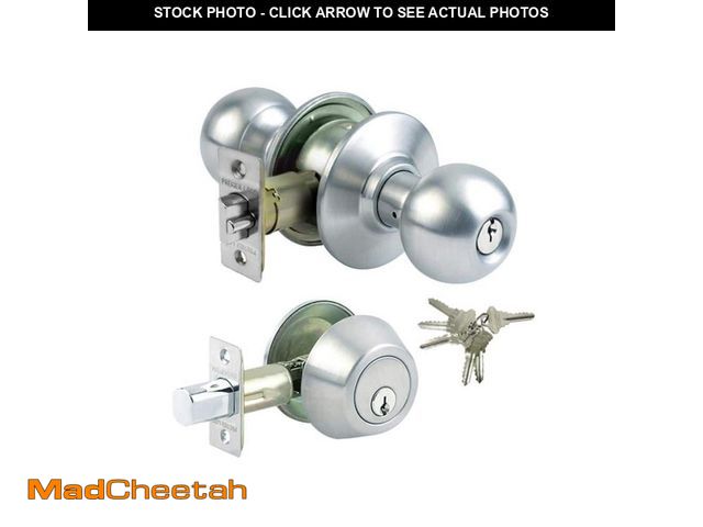 Lot 74-12776444 - Premier Lock Stainless Steel Grade 3 Combo Lock Set with Entry Door Knob and Deadbolt, 6 SC1 Keys - ...