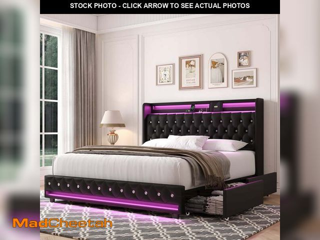 Lot 74-13055974 - (MISSING HARDWARE) Homfa Full Size LED Bed Frame with 4 Storage Drawers, Modern PU Leather Crystal B...