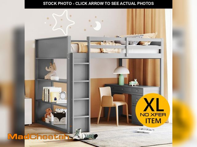 Lot 74-13119284 - Merax High Loft Bed, Full Bed Frame with Ladder, Shelves and Desk, No Box Spring Needed, Gray - UNUS...