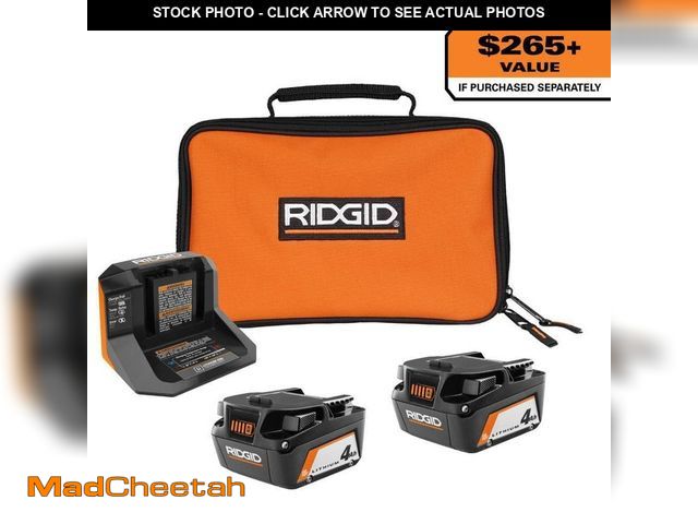 Lot 74-12794783 - RIDGID 18V Lithium-Ion (2) 4.0 Ah Battery Starter Kit with Charger and Bag - UNUSED