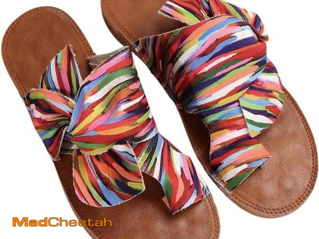 Lot 74-12326874 - *SEE DETAILS* GORGLITTER Women's Rainbow Bow Tie Flat Beach Sandals 2025 Vacation Open Toe Thong San...