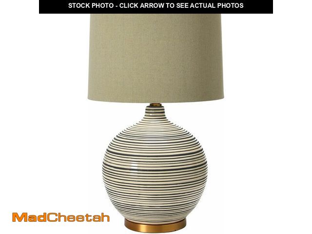 Lot 74-12633384 - Textured Black &amp; White Striped Ceramic Table Lamp with Grey Linen Shade - UNUSED