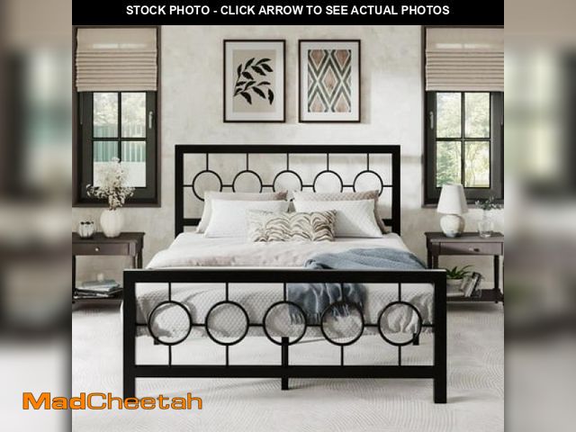 Lot 74-12143704 - Amolife Black Queen Size Metal Platform Bed Frame with Circular Vintage Headboard &amp; Footboard - ...