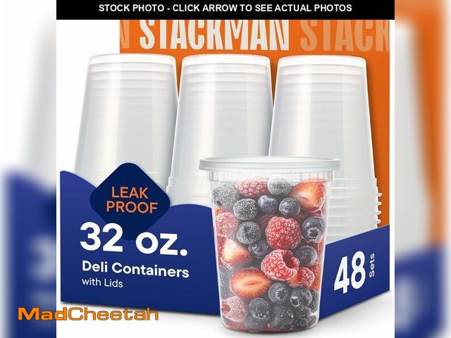 Lot 74-13382558 - Stack Man 32 oz Deli Containers with Lids (48 Sets) - Quart Clear Plastic Food Storage Containers, A...