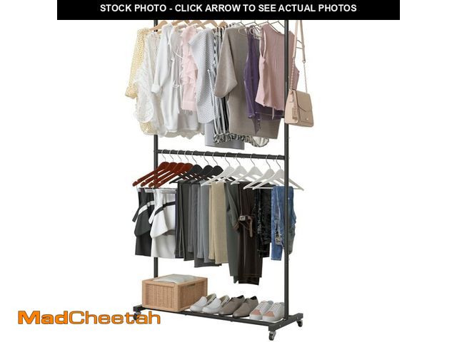 Lot 74-12459776 - Sywhitta Double Rod Clothing Garment Rack, Rolling Clothes Organizer on Wheels for Hanging Clothes, ...