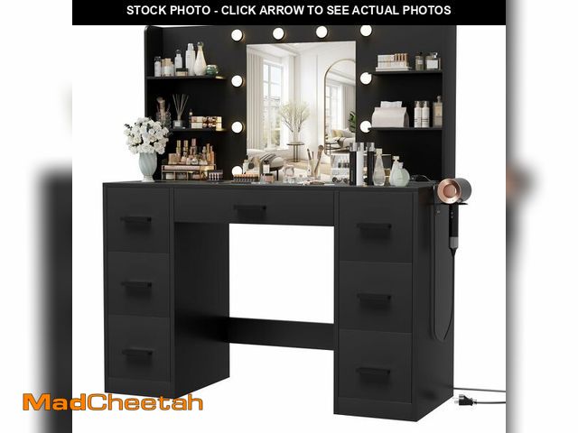 Lot 74-13789193 - (MISSING MIRROR,LIGHT BULBS,HARDWARE) Furmax Vanity Desk with Mirror, LED Lights and Power Outlet Ma...