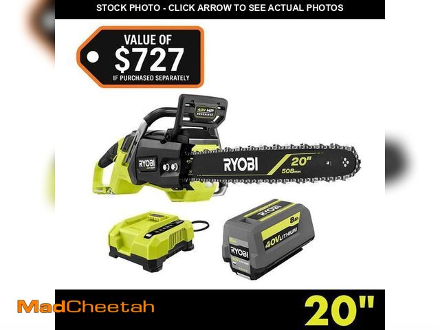 Lot 74-12920551 - RYOBI 40V HP Brushless 20 in. Battery Chainsaw with 8.0 Ah Battery and Charger - UNUSED