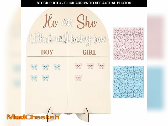 Lot 74-14212826 - Quzzil Wooden Baby Gender Reveal Voting Board with Stand, " He or She, What Will Baby Be? " Babys Ge...