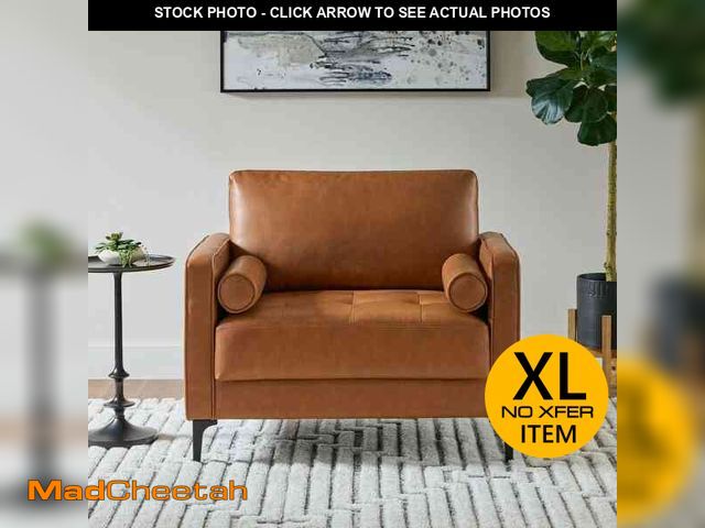 Lot 74-13283329 - StyleWell Goodwin Faux Leather Large Arm Chair in Caramel Brown with Bolster Pillows - UNUSED