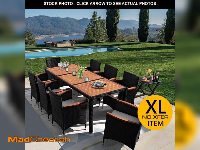 Lot 74-14243114 - Tozey 9-Piece Acacia and Wicker Outdoor Dining Set with Beige Cushions - UNUSED