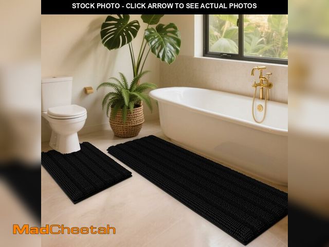Lot 74-12708833 - ACCUMTEK Striped Black Toilet Bathroom Rug Mat Set 2 Piece Rug Ultra Soft, Non Slip Chenille Bath Ru...