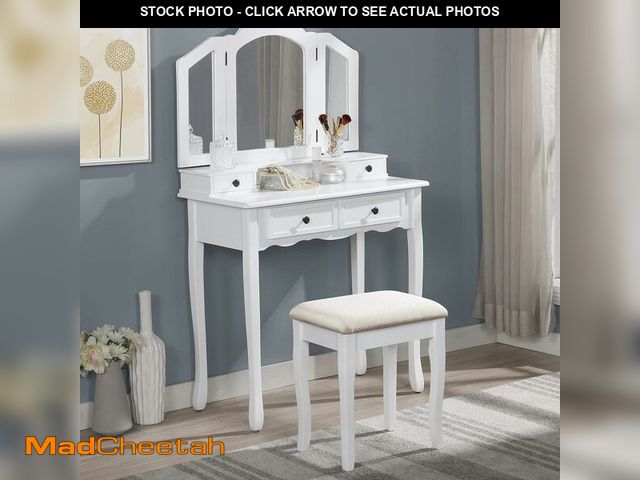 Lot 74-13073613 - Roundhill Furniture Sanlo Wooden Vanity | Make Up Table and Stool Set | White - UNUSED
