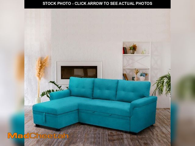 Lot 74-13281899 - HOMESTOCK 84.64 in. Velvet L-Shaped Sleeper Sectional Sofa in Teal with Square Arms, Reversible Chai...