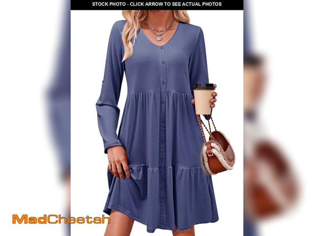 Lot 74-12402703 - Dokotoo Fall Dresses for Women 2025 V Neck Button Down Long Sleeve Ruffle Tiered A Line Swing Mini D...