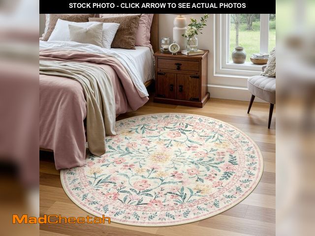 Lot 74-14154964 - Wonnitar Pink Floral Round Rugs 5ft, Soft Circle Rug Non Slip Washable Round Carpet, Boho Non-Sheddi...