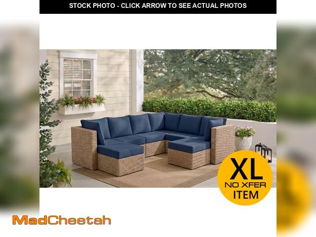Lot 74-14256832 - Hampton Bay Crystal Ridge Wicker Outdoor 8-Piece Modular Sectional Sofa Set with Navy CushionGuard C...