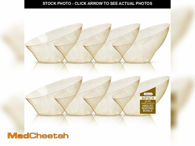 Lot 74-12714127 - Liacere 16 Pack Gold Plastic Serving Bowls - 20 OZ Angled Party Table Salad and Fruit Bowls Disposab...