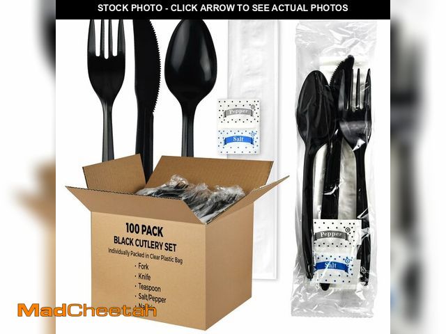 Lot 74-12713763 - KitchenDine 100 Pack Medium Weight Wrapped Black Plastic Cutlery Pack with Napkin and Salt/Pepper Pa...