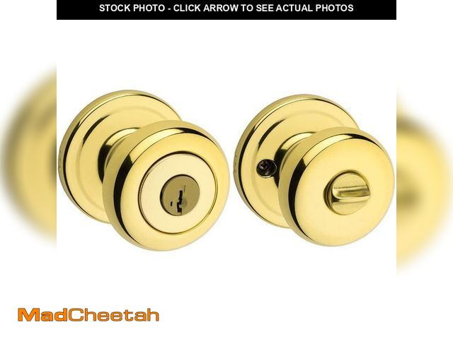 Lot 74-14372729 - Kwikset Juno Polished Brass Entry Door Knob Featuring SmartKey Security with Microban Antimicrobial ...