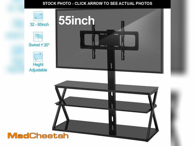 Lot 74-13055574 - UBesGoo 32-65" Floor TV Stand with Swivel Bracket 3-Tier Tempered Glass Shelves - UNUSED