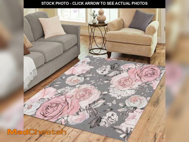 Lot 74-13547198 - Pinbeam Area Rug Pink Flowers and Leaves on Gray Watercolor Floral Home Decor Floor Rug 3' x 5' Carp...