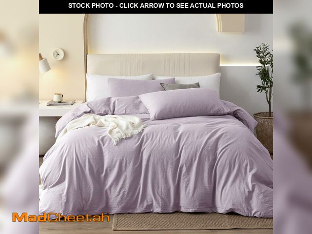 Lot 74-14268769 - JIYUAN Queen Size Duvet Cover Set, 3-Piece - 100% Washed Cotton, Linen-Like Soft &amp; Breathable wi...