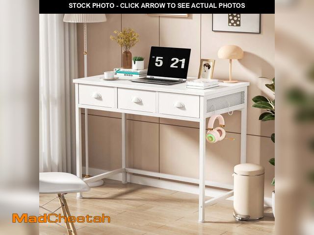 Lot 74-12890893 - Satifur White Writing Desk with Drawers &amp; Hooks, 40" Computer Desk with 3 Fabric Drawers for Bed...